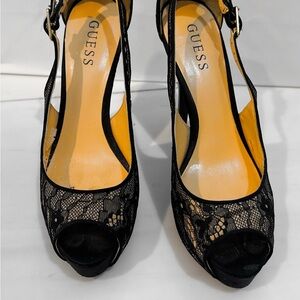 Guess Black Lace Peep Toe Heels